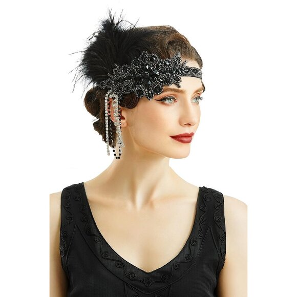 Women's 1920s Flapper Feather Headband with Rhinestones for Gatsby Party - Picture 1 of 5